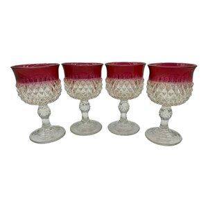 Indiana Glass Ruby Red Diamond Point Set of 4 Goblets Vintage 1970's MCM Barware